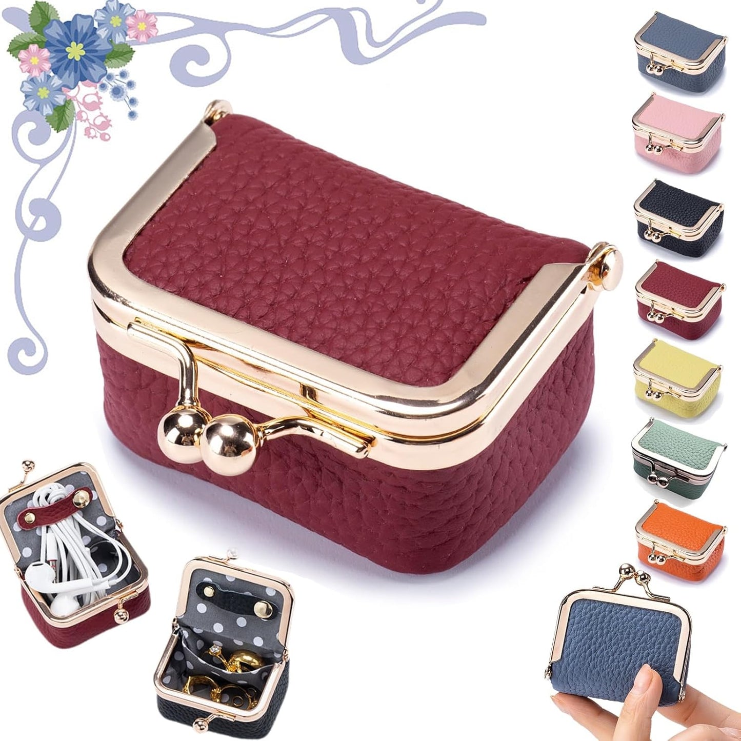 Genuine Leather Mini Jewelry Box, Portable Vintage-Inspired Genuine Leather Coin Purse Jewelry Case with Kiss Lock, Mini Travel Ring Box for Women for Earring/Ring/Necklace/Bracelet(Green)