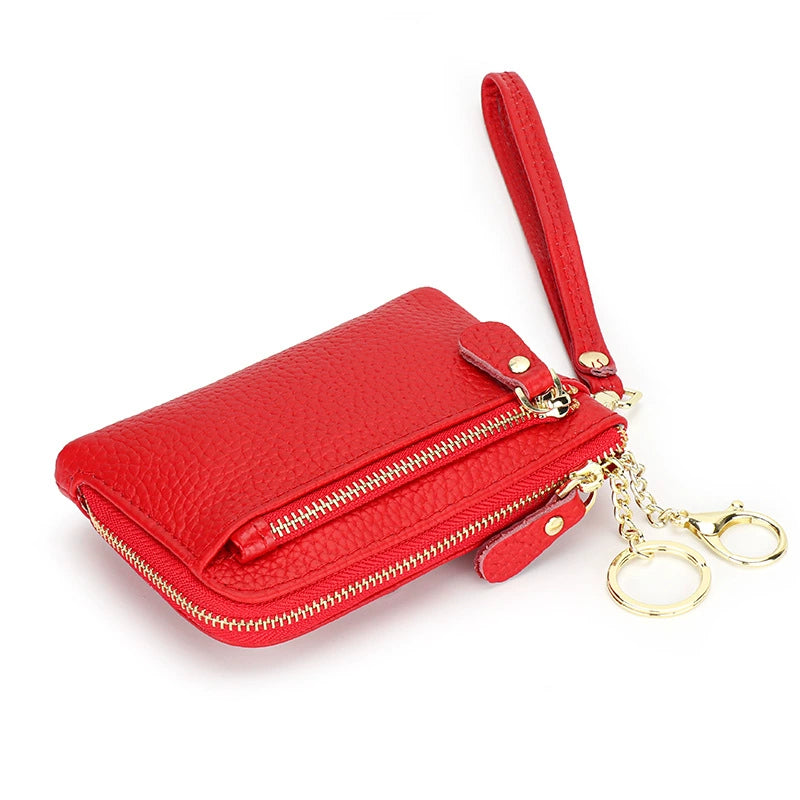 Women Genuine Leather Zip Mini Wallet With Keychain Triple Zipper Card Holder Wallet