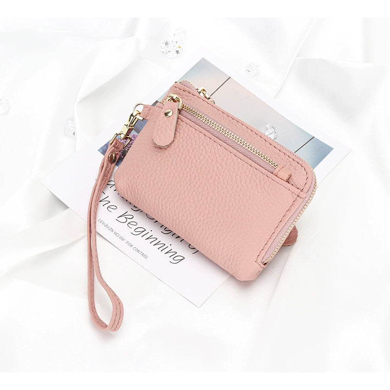 Women Genuine Leather Zip Mini Wallet With Keychain Triple Zipper Card Holder Wallet
