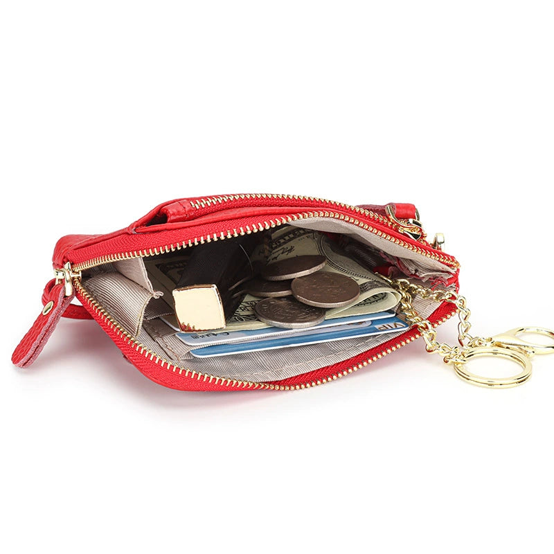 Women Genuine Leather Zip Mini Wallet With Keychain Triple Zipper Card Holder Wallet