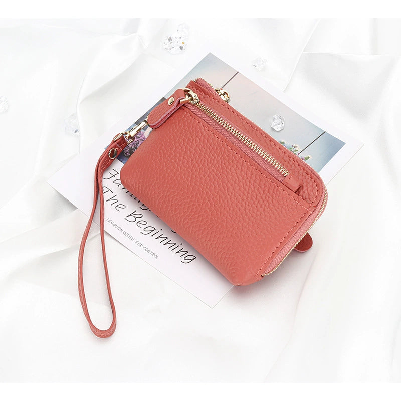 Women Genuine Leather Zip Mini Wallet With Keychain Triple Zipper Card Holder Wallet