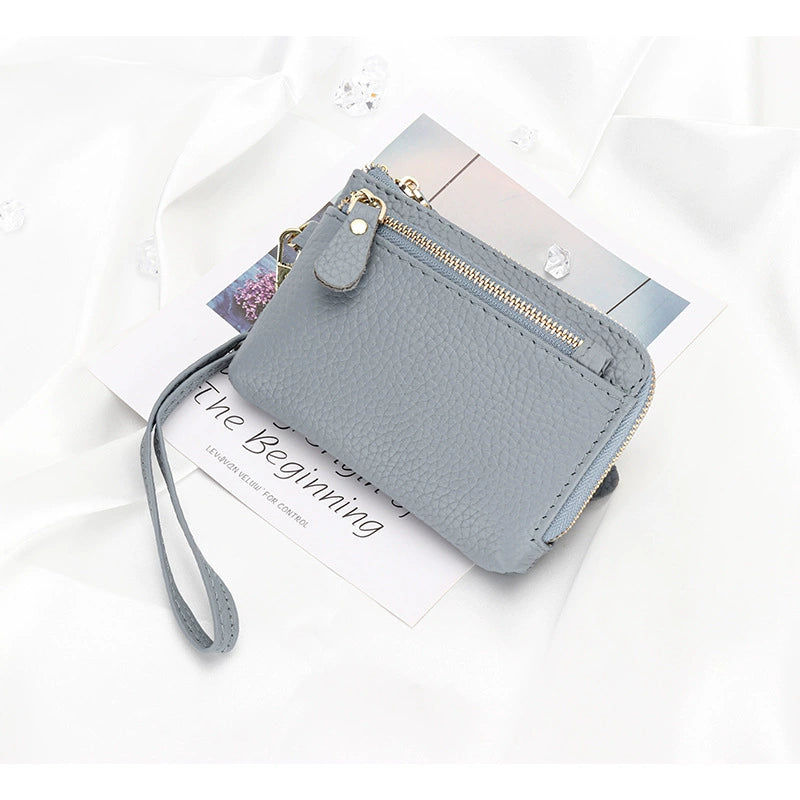 Women Genuine Leather Zip Mini Wallet With Keychain Triple Zipper Card Holder Wallet