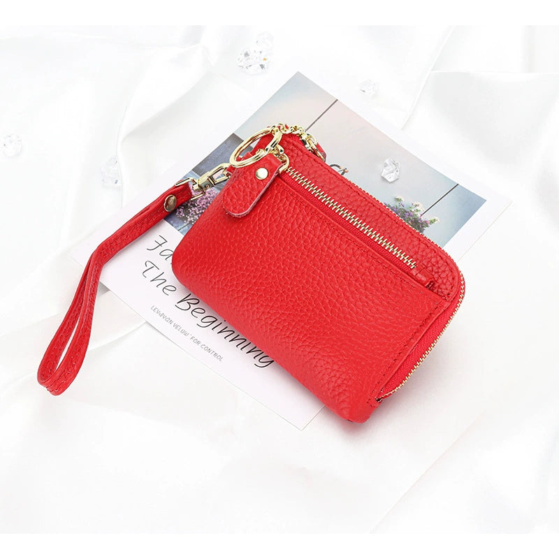 Women Genuine Leather Zip Mini Wallet With Keychain Triple Zipper Card Holder Wallet