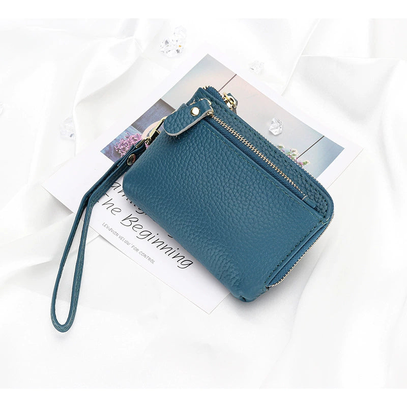 Women Genuine Leather Zip Mini Wallet With Keychain Triple Zipper Card Holder Wallet