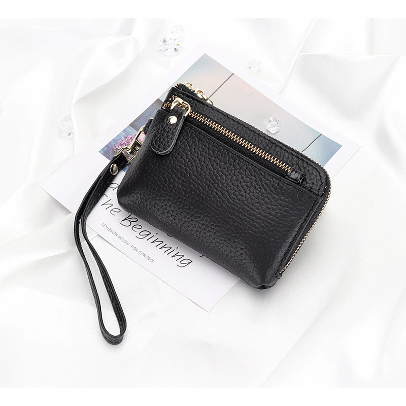 Women Genuine Leather Zip Mini Wallet With Keychain Triple Zipper Card Holder Wallet