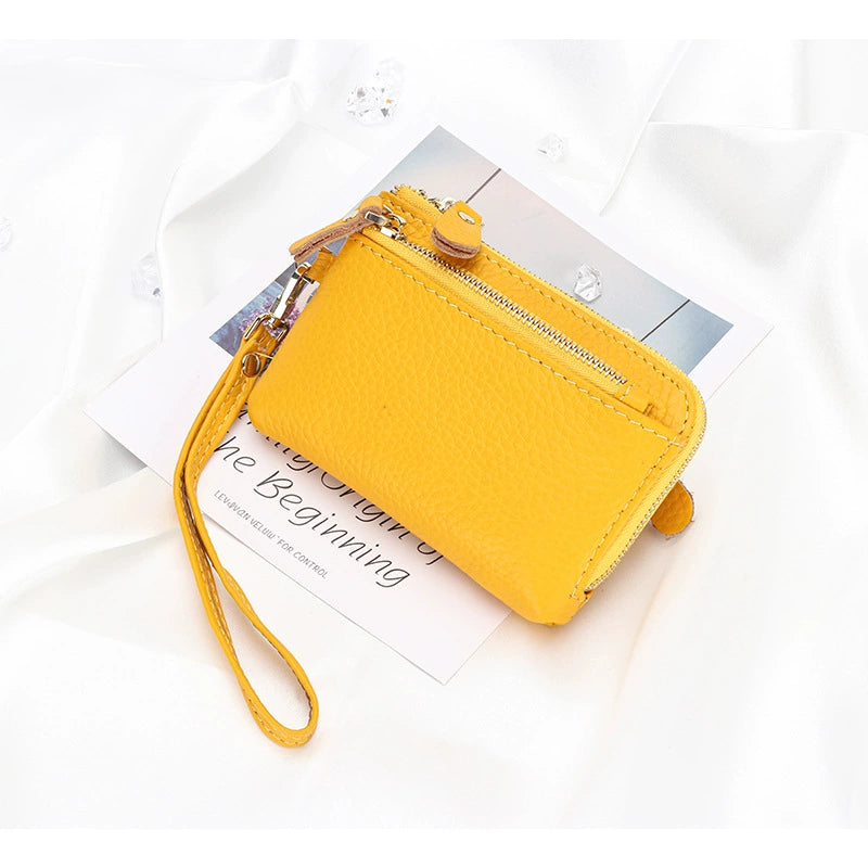 Women Genuine Leather Zip Mini Wallet With Keychain Triple Zipper Card Holder Wallet