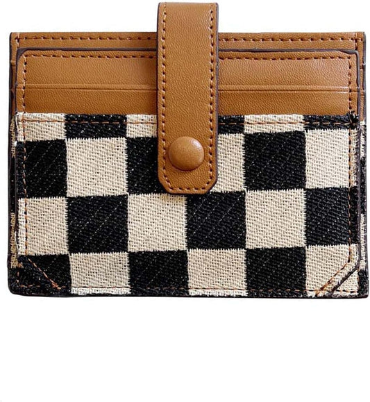 Women's Colorblock Plaid Pattern Compact Wallet, Bifold with ID Window Canvas Compact Wallet, Credit Card Holder for Women.