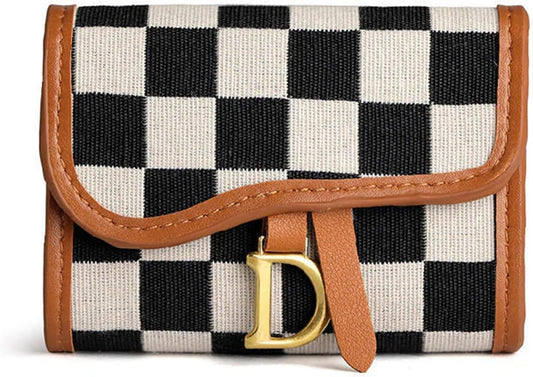 Checkerboard Pattern D Letter Design Card Holder,Plaid Exquisite Card Holder Women's Canvas Multi-Card Holder.