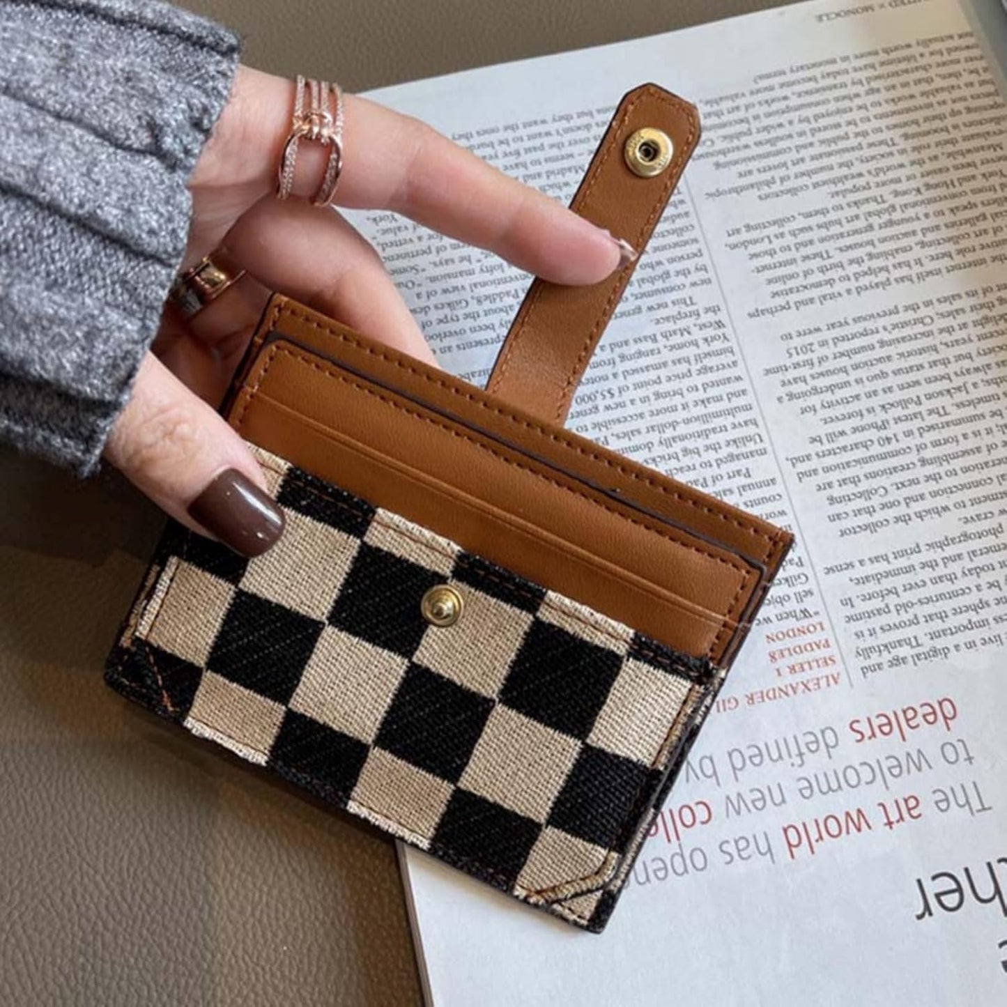 Women's Colorblock Plaid Pattern Compact Wallet, Bifold with ID Window Canvas Compact Wallet, Credit Card Holder for Women.