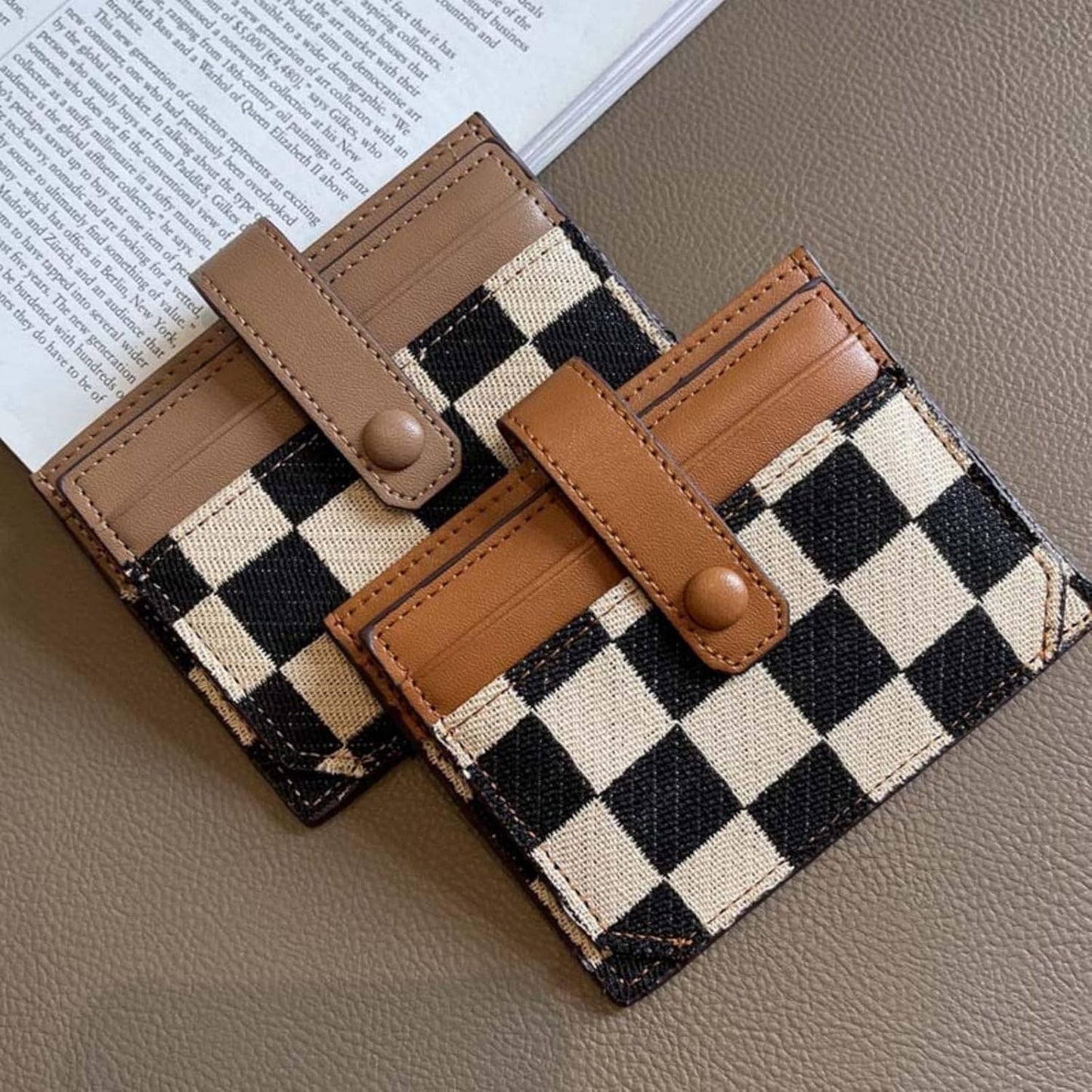 Women's Colorblock Plaid Pattern Compact Wallet, Bifold with ID Window Canvas Compact Wallet, Credit Card Holder for Women.