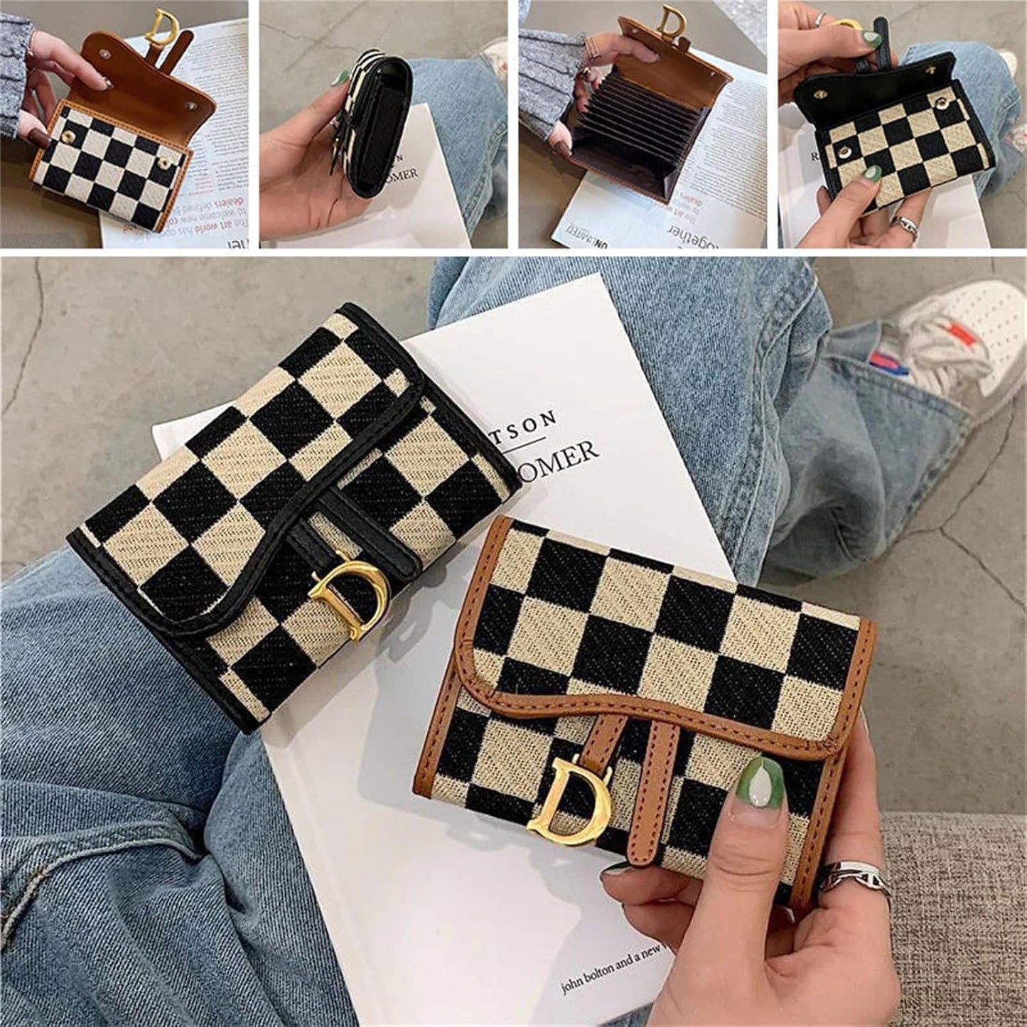 Checkerboard Pattern D Letter Design Card Holder,Plaid Exquisite Card Holder Women's Canvas Multi-Card Holder.