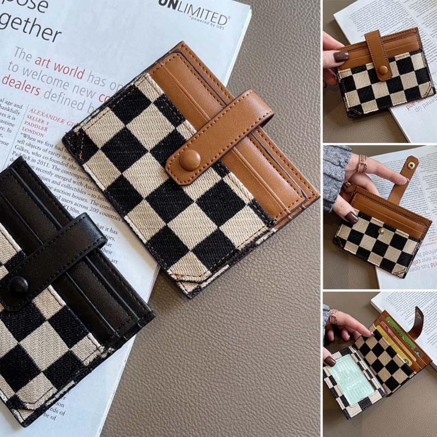 Women's Colorblock Plaid Pattern Compact Wallet, Bifold with ID Window Canvas Compact Wallet, Credit Card Holder for Women.