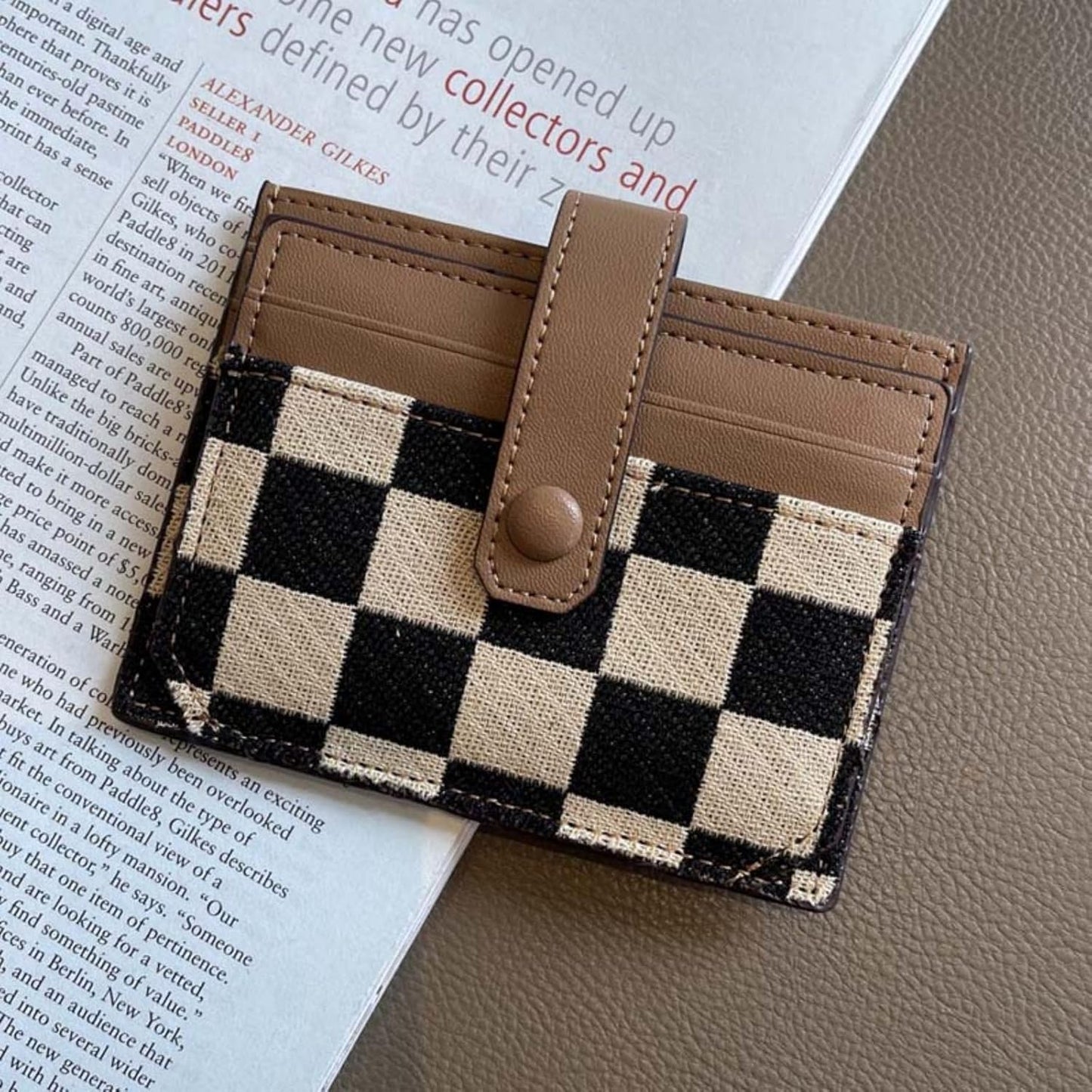 Women's Colorblock Plaid Pattern Compact Wallet, Bifold with ID Window Canvas Compact Wallet, Credit Card Holder for Women.