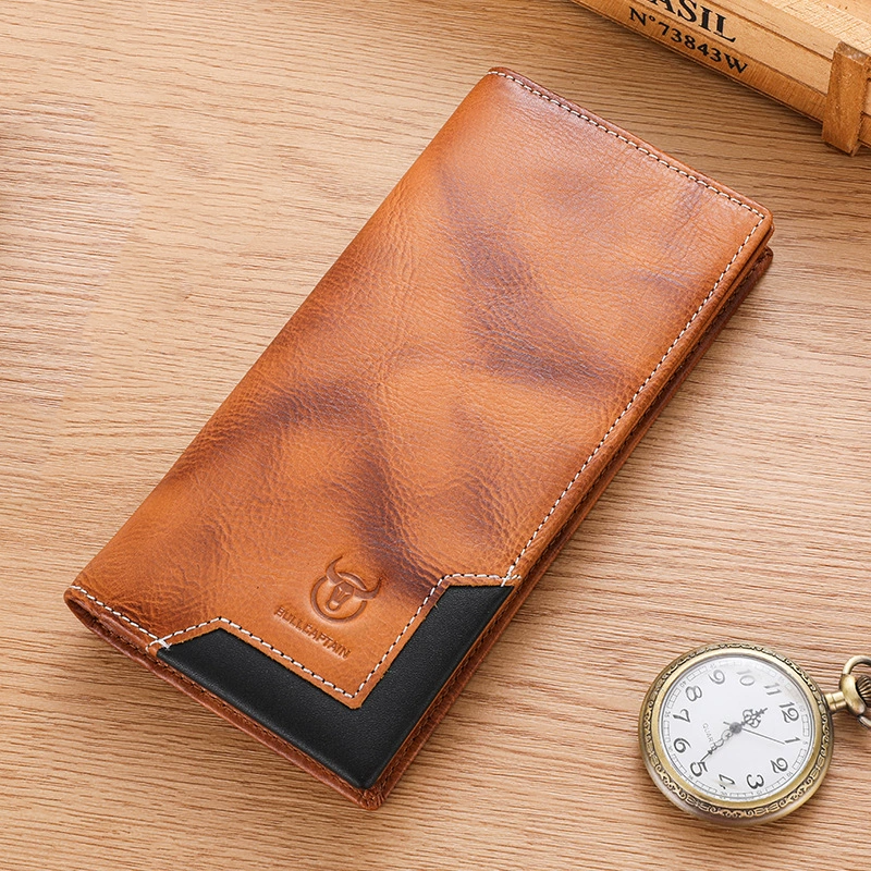 Wax leather retro long wallet first layer cowhide two fold large capacity coin clip