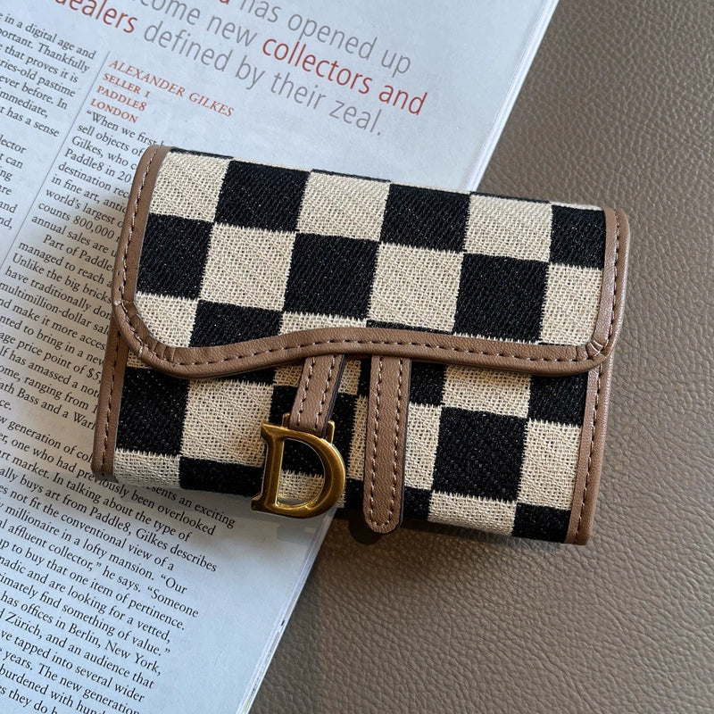 Checkerboard Pattern D Letter Design Card Holder,Plaid Exquisite Card Holder Women's Canvas Multi-Card Holder.